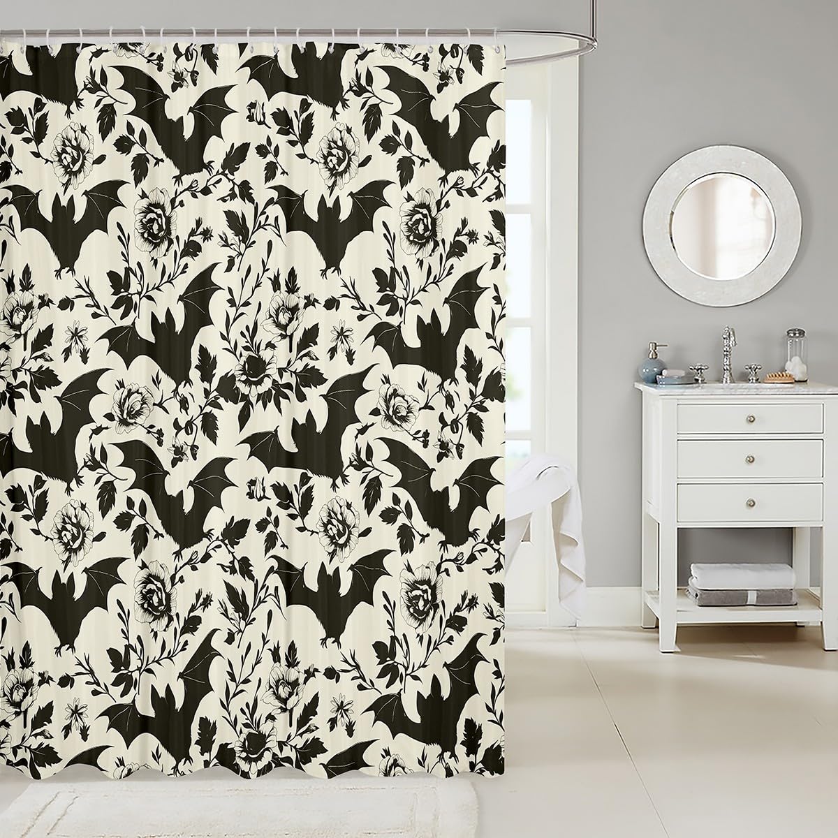 jejeloiu Happy Halloween Shower Curtain for Bathroom Decor Horror Bats Flower Bath Curtain for Bathtubs Skull Ghost Bathroom Accessories Witchcraft Waterproof Cream-Coloured with 12 Hooks 72"x72"
