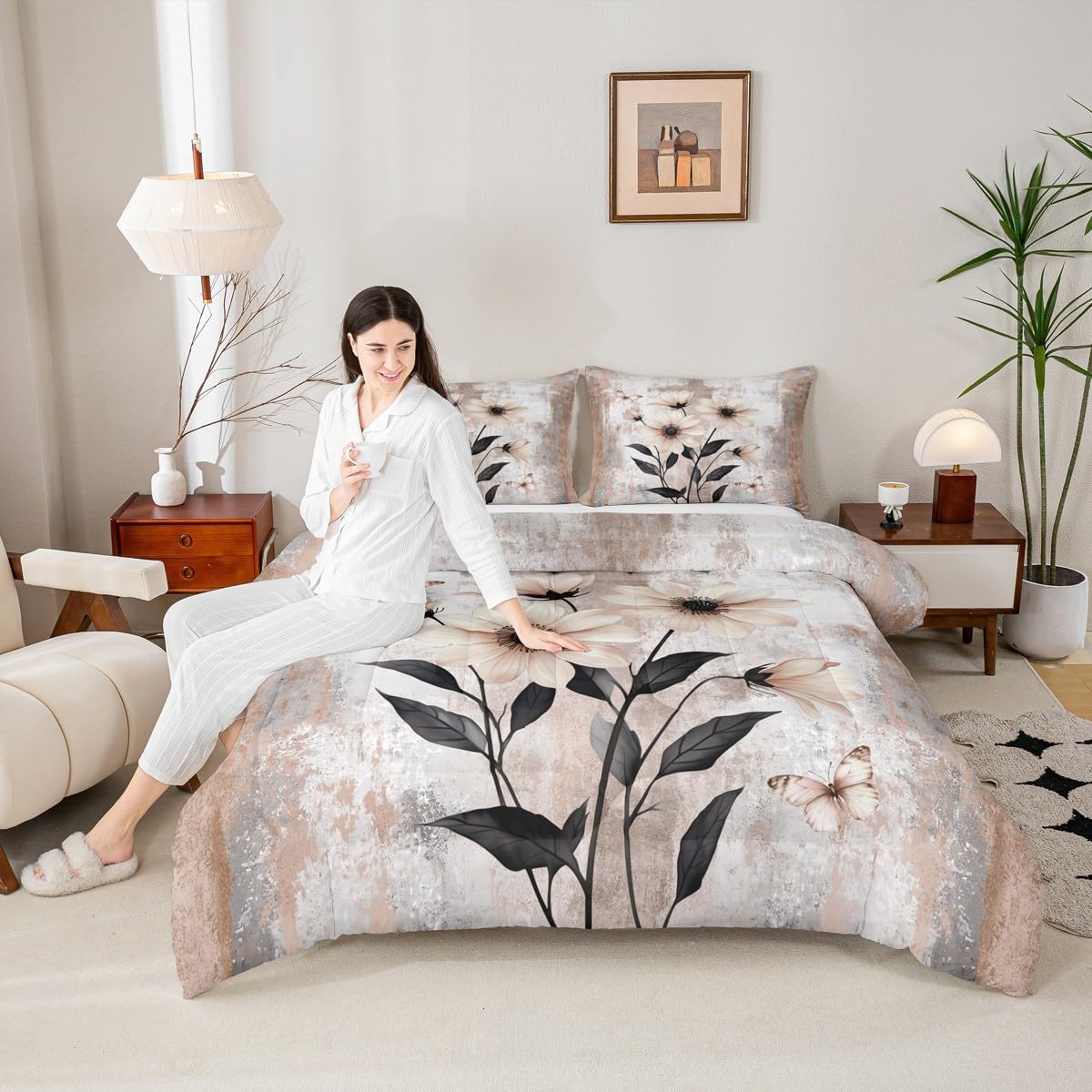 Erosebridal Watercolor Daisy Flowers Queen Comforter Set Abstract Oil Painting Bedding Set Rustic Farmhouse Bed Set Ombre Beige Brown Grey White Quilt Set