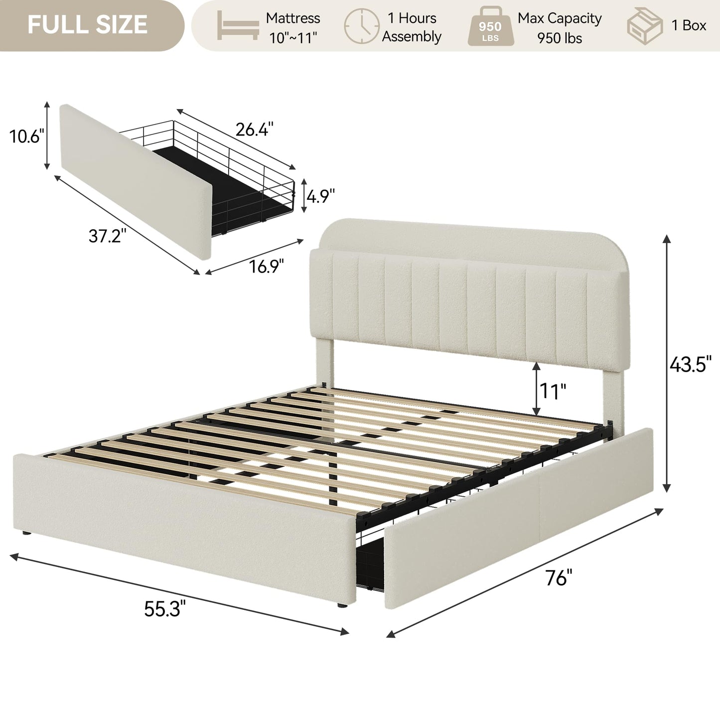 GarveeHome Full Bed Frame with Storage Headboard, Kids Bed Frame with 2 Drawers, Boucle Upholstered Platform Bed with Bookcase, No Box Spring Needed, Easy Assembly, Ivory White