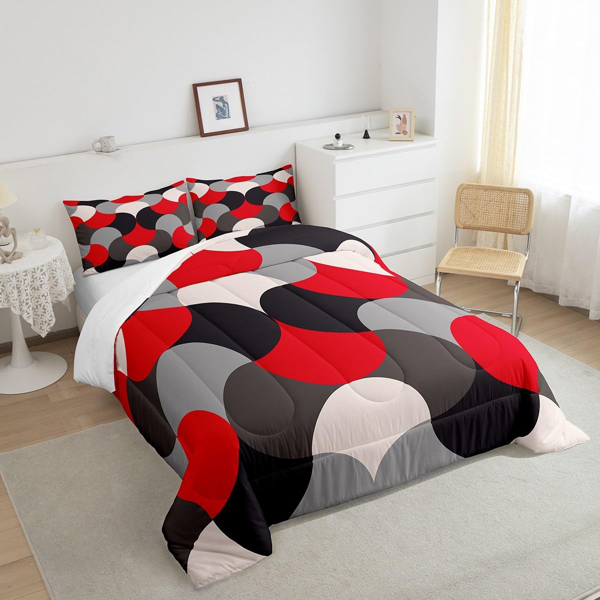 Feelyou Geometric Print Bedding Set Geometric Red Grey Black Comforter Set for Kids Boys Girls Teens Decor Modern Art Comforter Luxury Abstract Art Duvet Set Queen Size