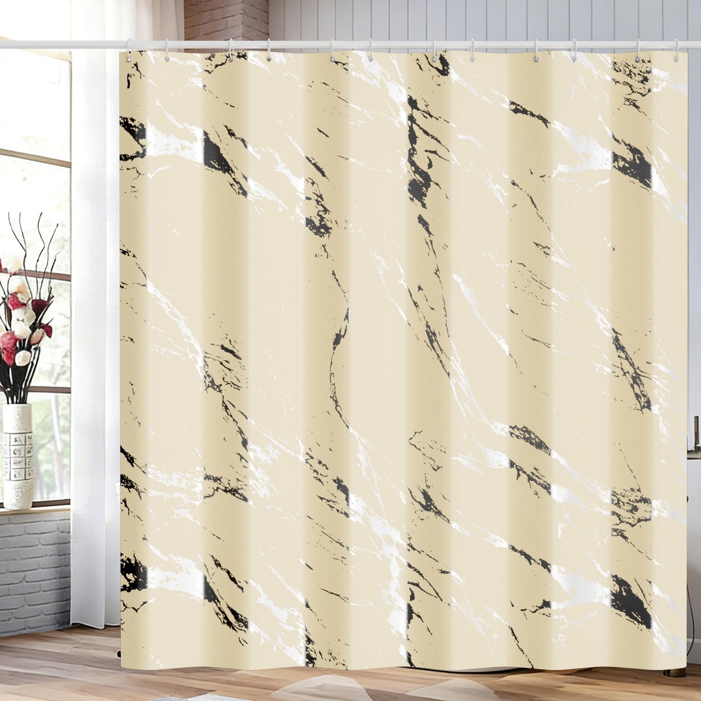 Yiwshcut Beige Marble Shower Curtain, Modern Abstract Marble Pattern Fabric Bathroom Curtain with Hooks, Water Repellent Decorative Bath Curtain for Bathtub, Neutral Bathroom Decor