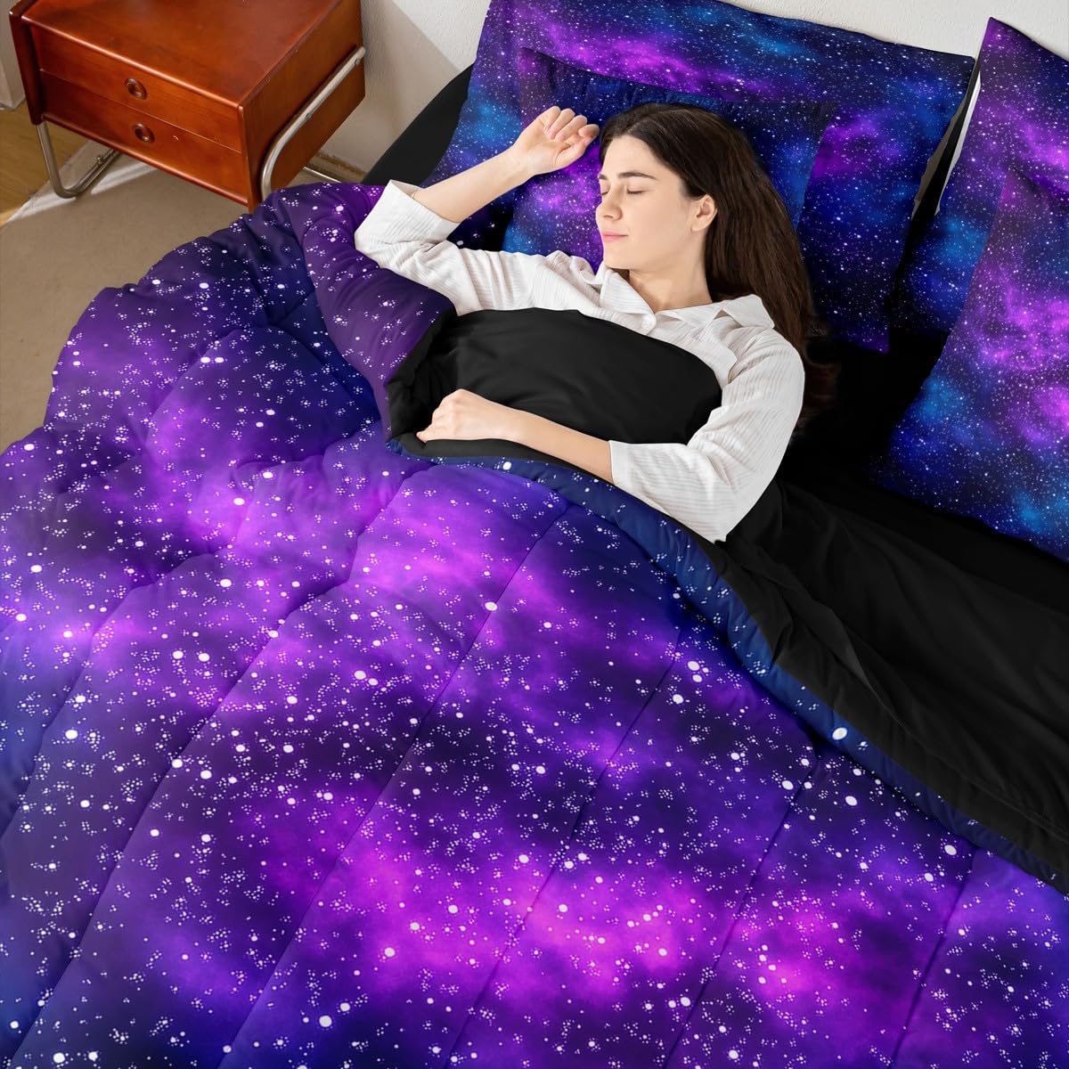 Erosebridal Purple Galaxy King Comforter Set Starry Sky 7 Pieces Bedding Mysterious Outer Space Universe Bed Set Women Men Bed in A Bag