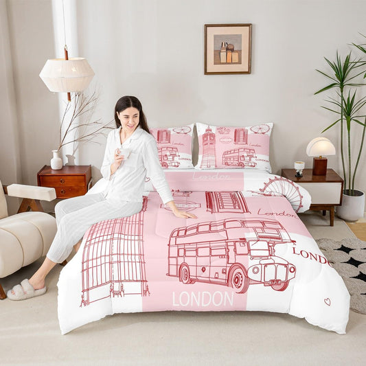 London Kids Comforter Set Queen Size,Telephone Booth Big Ben Bus Hand Painted Bedding Set,Boys Girls Adults Room Decor,Famous Urban Architecture Down Comforter,Romantic Duvet Insert,2 Pillowcases