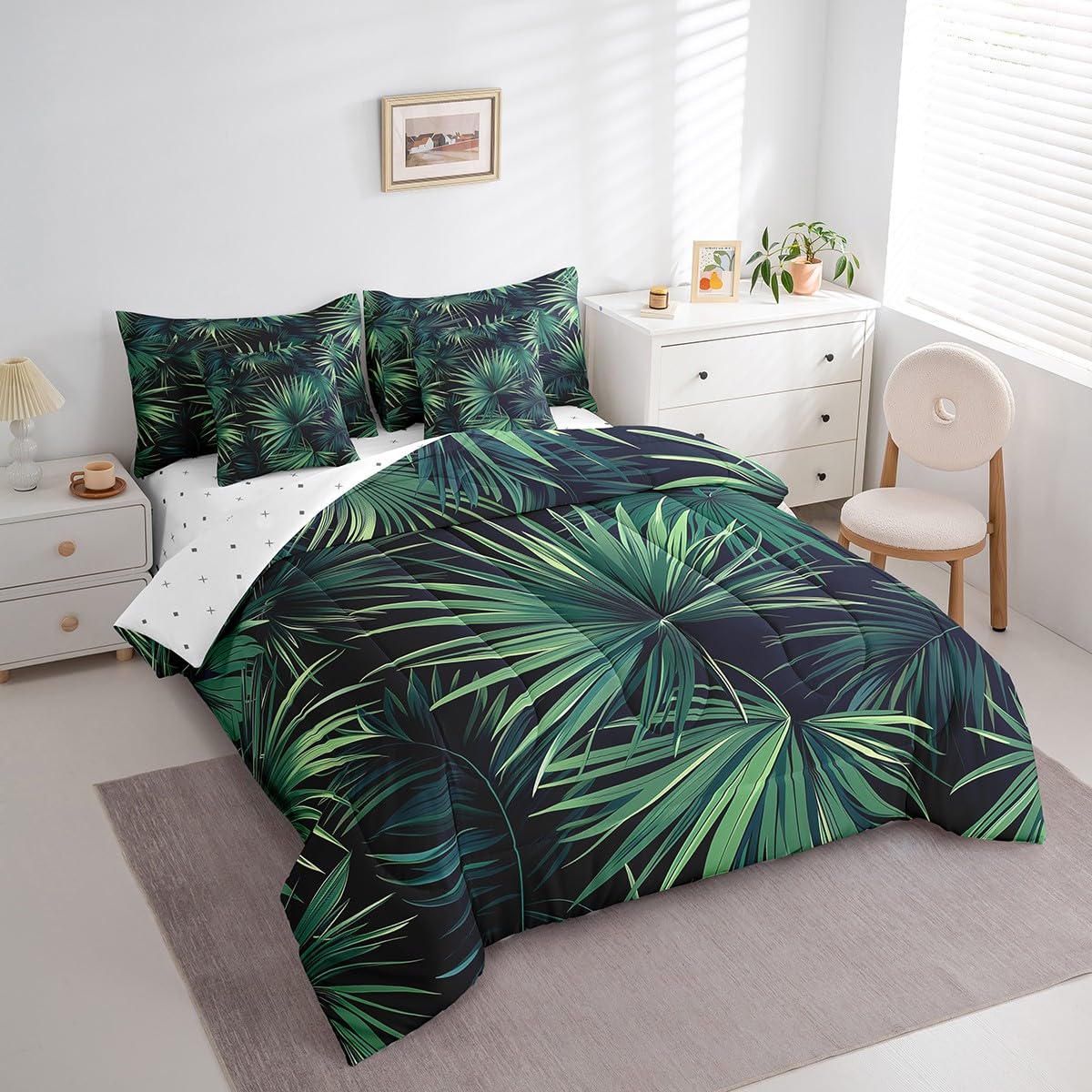 Erosebridal Tropical Green Leaves Quilt with Flat Fitted Sheet Summer Hawaiian Comforter Set 7 Piece Twin Monstera Banana Leaves Bed in A Bag for Kids Boys Girls Jungle Nature Theme Bedding Sets