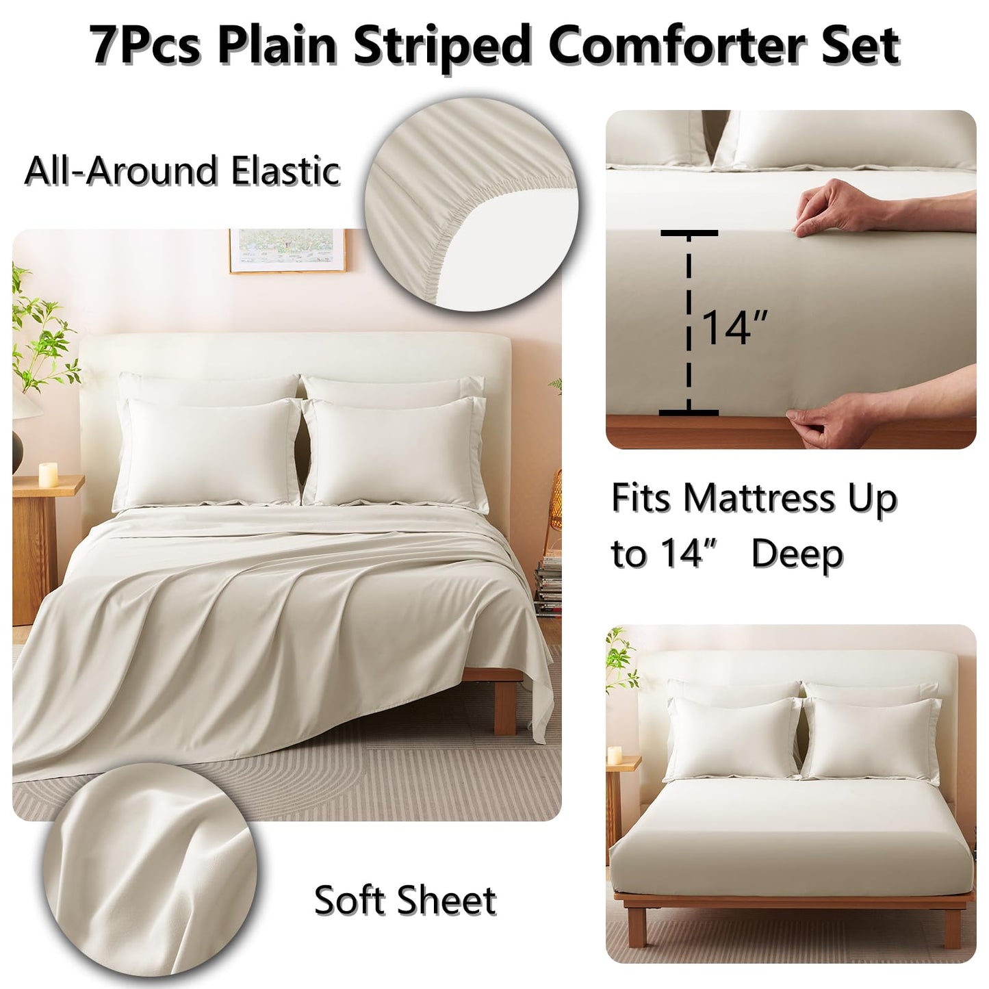 CozyLux Queen Comforter Set Beige - 7 Pieces Bed in a Bag, Modern Vertical Quilted Room Decor, Soft All-Season Bedding Gift with Comforter, Sheets, Pillowcases & Shams