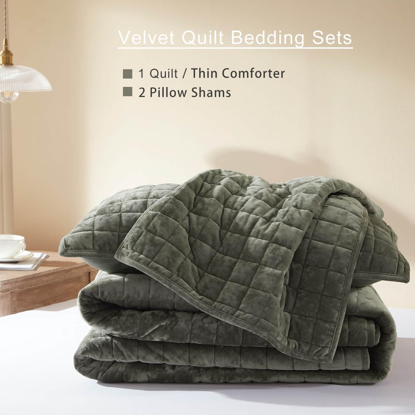 LEAONME Velvet Quilt King Size-98''x106'', Lightweight Olive Green Velvet Comforter Set with 2 Pillow Shams, Soft Bedspread Coverlet Quilted Bedding Set for All Season