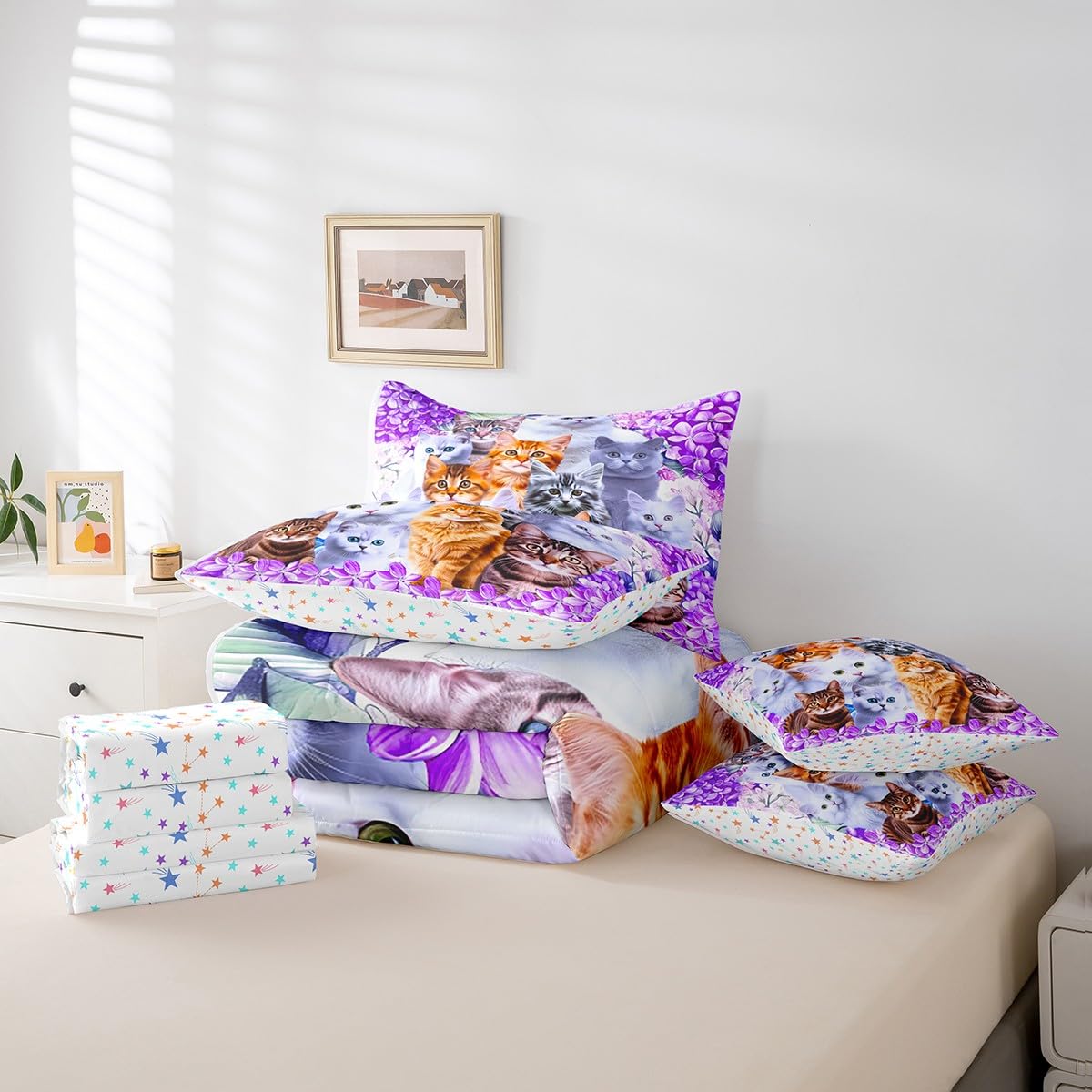 Feelyou Floral Cat 7 Piece Bedding Set with Sheets Twin Size Purple Cat Comforter Set with Sheets for Kids Teens Girls Bed Set Kawaii Animals Cute Decor Bedroom Soft and Lightweight(Reversible Stars)