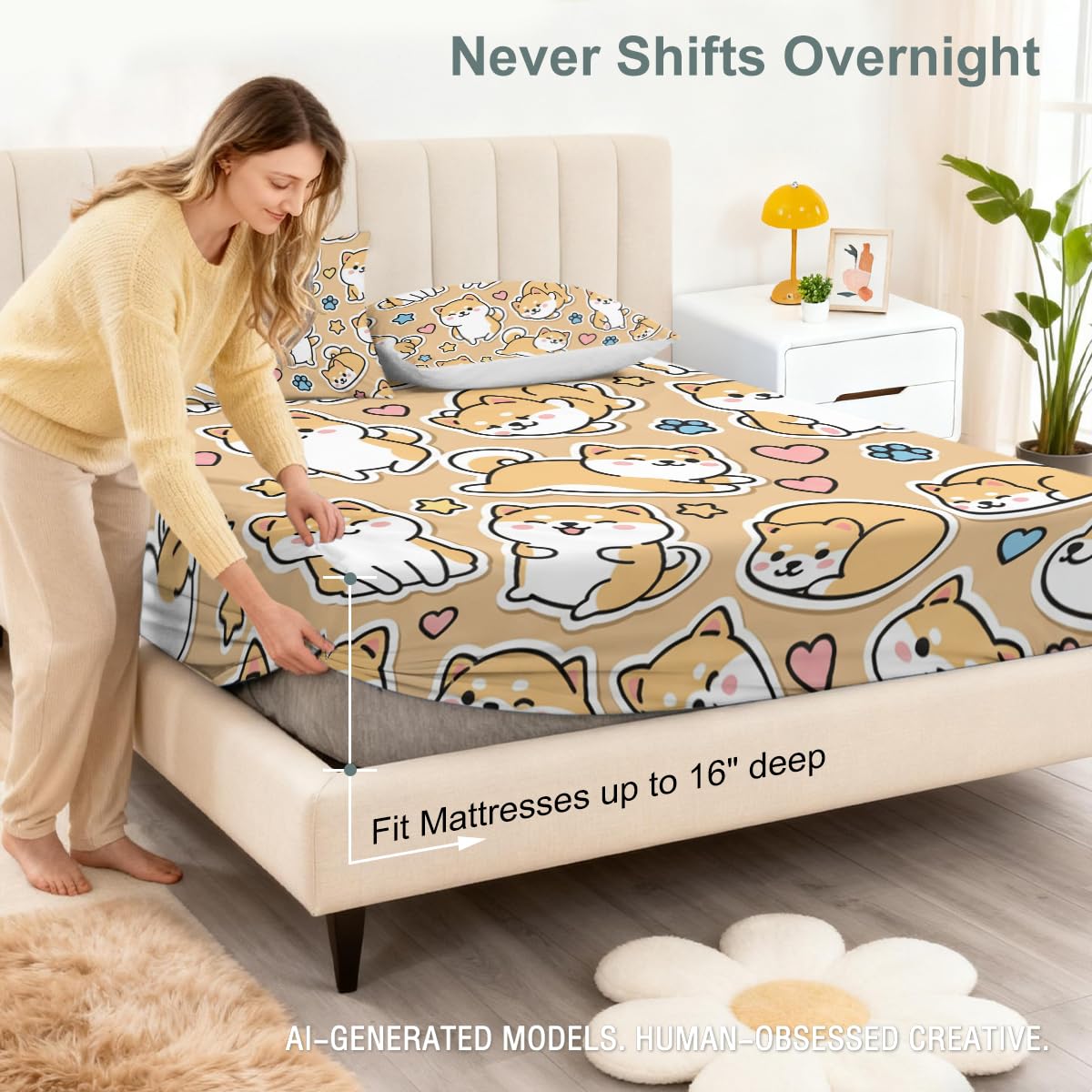 ARIGHTEX Cute Shiba Inu Fitted Sheet Set Twin Size, 3 Pieces Kawaii Dog Bedding for Pet Lover Gift, Cartoon Shiba Puppy Microfiber Deep Pocket Bed Sheets with 2 Pillowcases (No Flat Sheet)