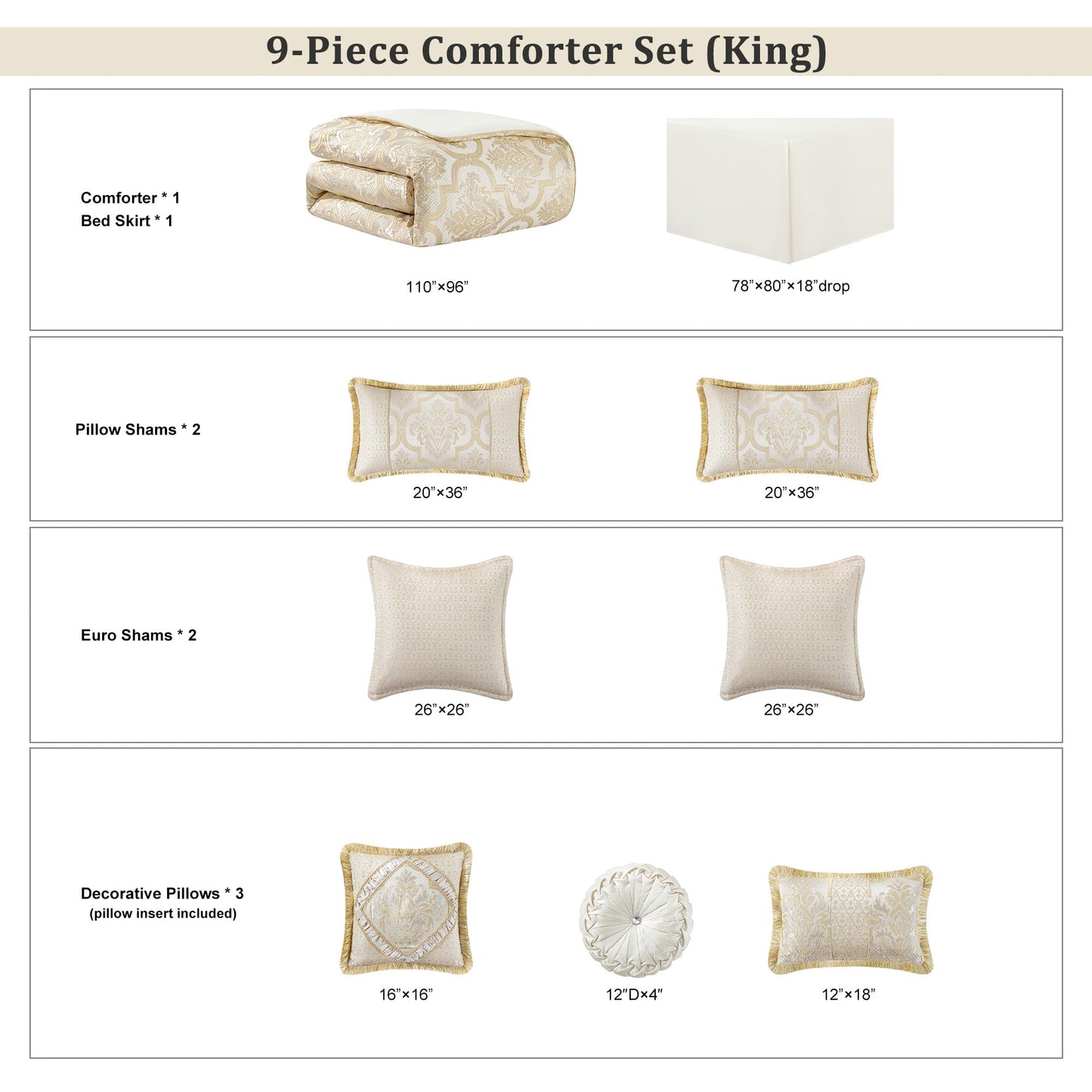 Loom and Mill 9-Piece Comforter Bed in a Bag, Elegant Damask Floral Comforter Sets King Size, All Season Jacquard Bedding Sets with Bed Skirt, Euro Shams and Decorative Pillows(Beige Gold, King)