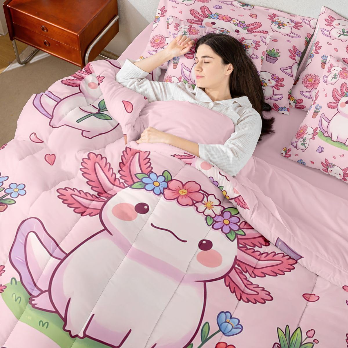 Kids Cartoon Axolotl Twin Size Bedding Set for Girls Pink Flower Floral 7 Pieces Comforter Set with Sheets for Preteen Girly Pink Axolotl Bed in a Bag for Teens Spring Garden Blossom Bed Sets