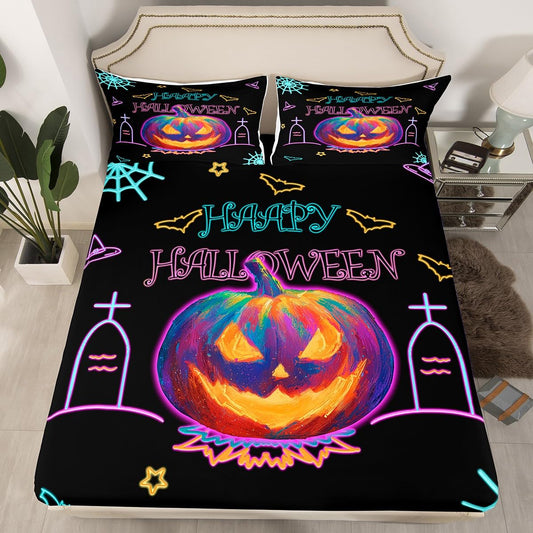 Feelyou Kids Halloween Bedding Set Full Size, Pumpkin Bed Sheet Set Boys Girls for Spider Web Fitted Sheet Horror Decor Teens Bedroom Decor with 2 Pillow Case (No Flat Sheet)