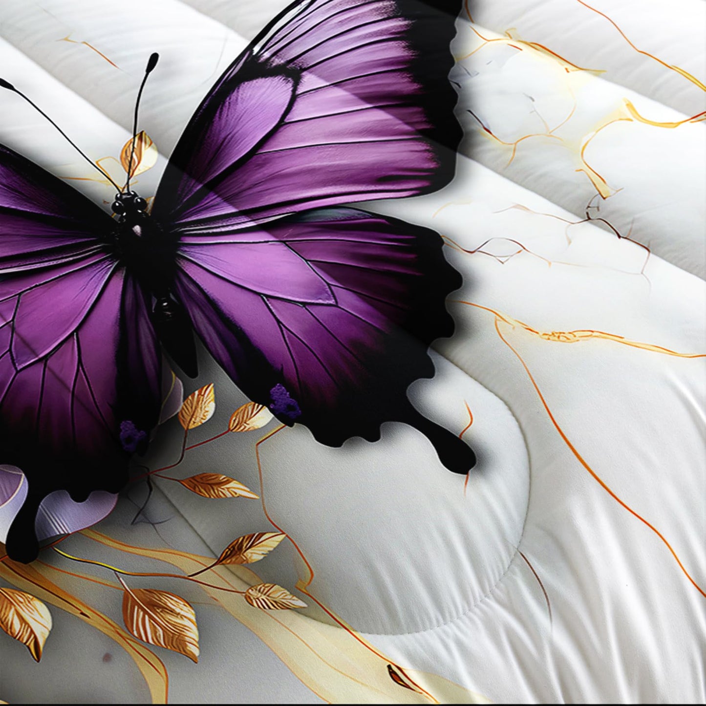 AILONEN Purple Floral Butterfly Comforter Set Twin Size,Gold White Marble Flower Bedding Set for Kids Girls Women,1 Quilt with 2 Pillowcases-3 Pieces