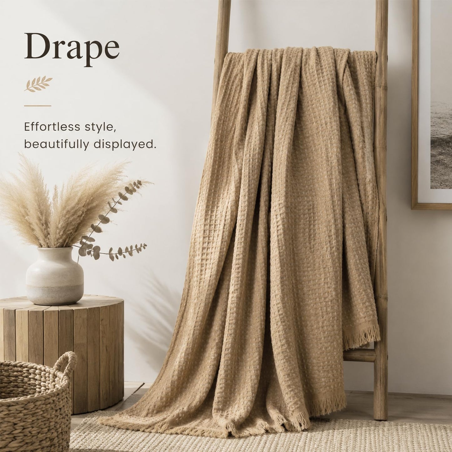 Luxury Waffle Weave Throw Blanket with Eyelash Fringes, 50 x 70 Inches High-End Accent Decor Blanket for Couch, Bed & Sofa, Modern Boho Farmhouse Living Room Aesthetic Statement Piece, Camel