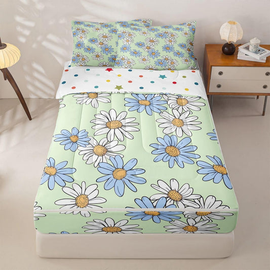 Feelyou Cute Floral Zipper Bedding Queen Cartoon Green Daisy Flower Bedding Sets for Kids Boys Girls Botanical Aesthetic Comforter Set with Fitted Sheet 2 Pillowcases One Zipper Bed Set