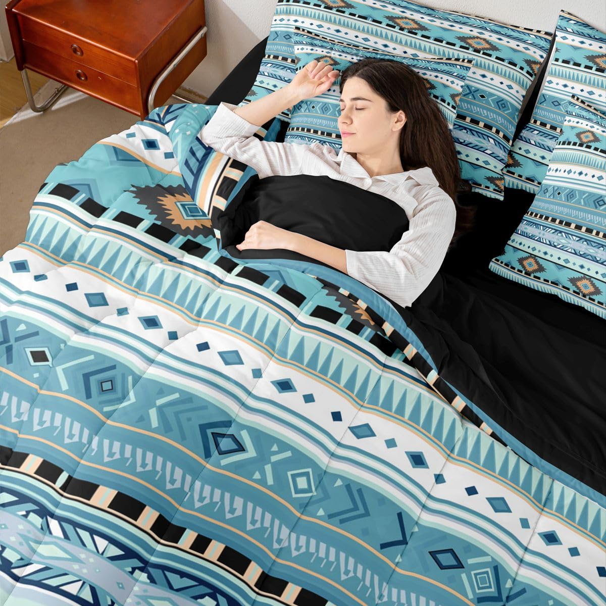 Erosebridal White Blue Aztec Bohemian Full Comforter Set 7 Pieces | Southwestern Farmhouse Bed in A Bag for Bedroom Tribal Cowboy Cowgirl Bedding Set with Comforters Adults Boho Room Decor