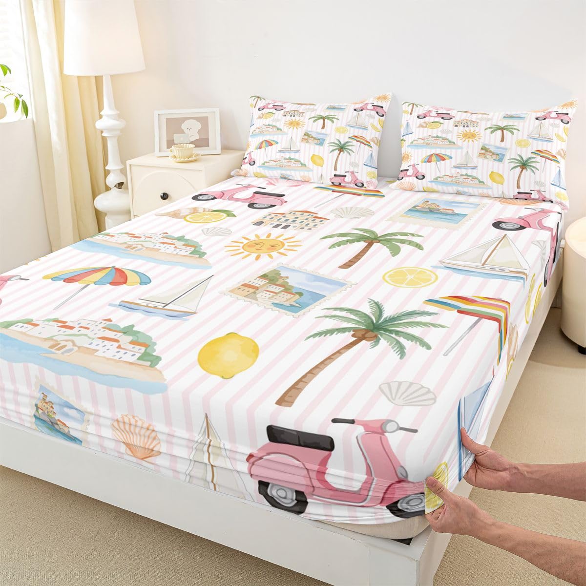 Summer Coastal Fitted Sheets Full Size (No Flat),Ocean Beach Life Bedding Set 3Pcs,Kids Teens Woman Room Decor,Tropical Coconut Tree Lemon Bed Sheet Sun and Pink Bike Deep Pocket Sheet,2 Pillowcases
