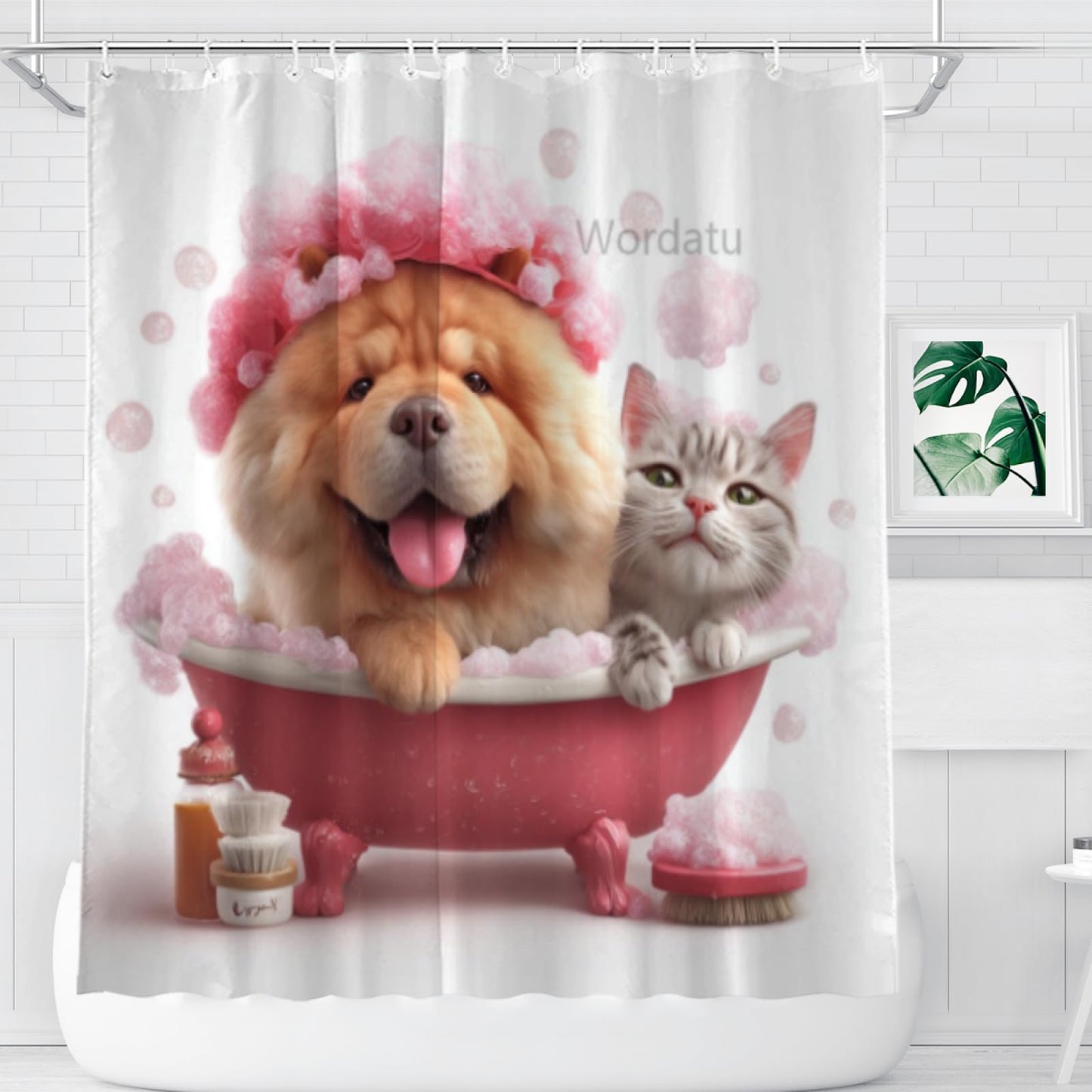 Wordatu Funny Chow-Chow-Dog Shower Curtain Decor Fabric Bathroom Curtains, Kids Children Cartoon Waterproof 72x72 inch with 12 Hooks