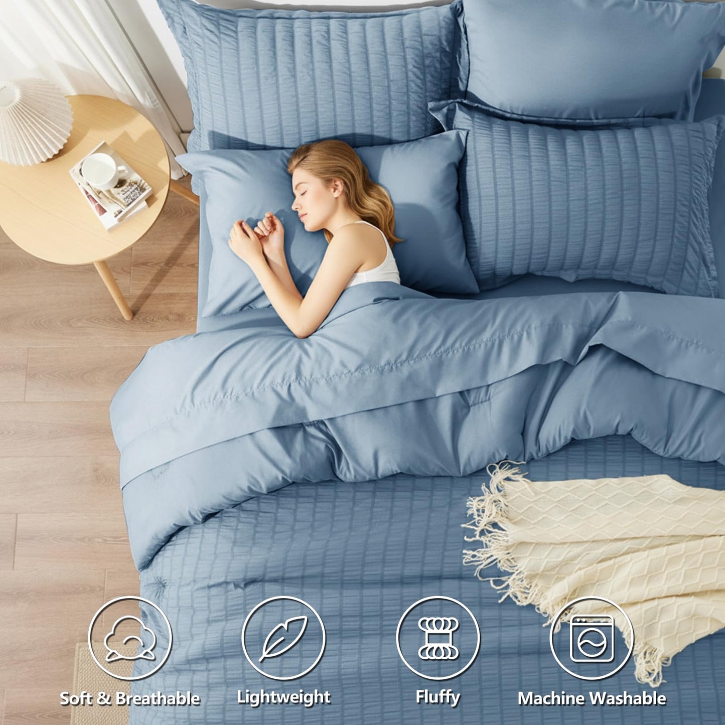 HIMEET Queen Comforter Set - 7 Pieces Seersucker Bed in a Bag, Boho Bedding Sets for Bedroom Decor, All Season Home Essential Bed Set with Comforter, Sheets, Pillowcases & Shams, Grayish Blue