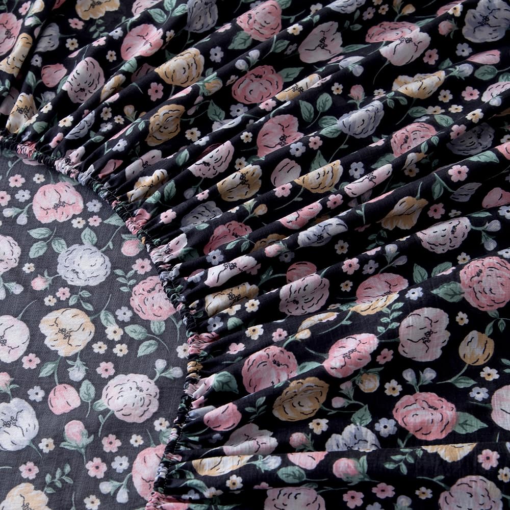 NATURETY Bedding Fitted Sheet with Deep Pocket,Colorful Floral Printed Fabric Bed Sheets(Black Flower,Queen)
