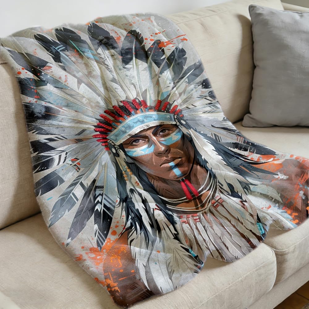 ZHOUSHUTONG Native American Throw Blanket Indian Tribal Chief Print Super Soft Warm Cozy Flannel Blanket for Couch Bedroom Office Southwest Cultural Home Decor Gift 49"x59"