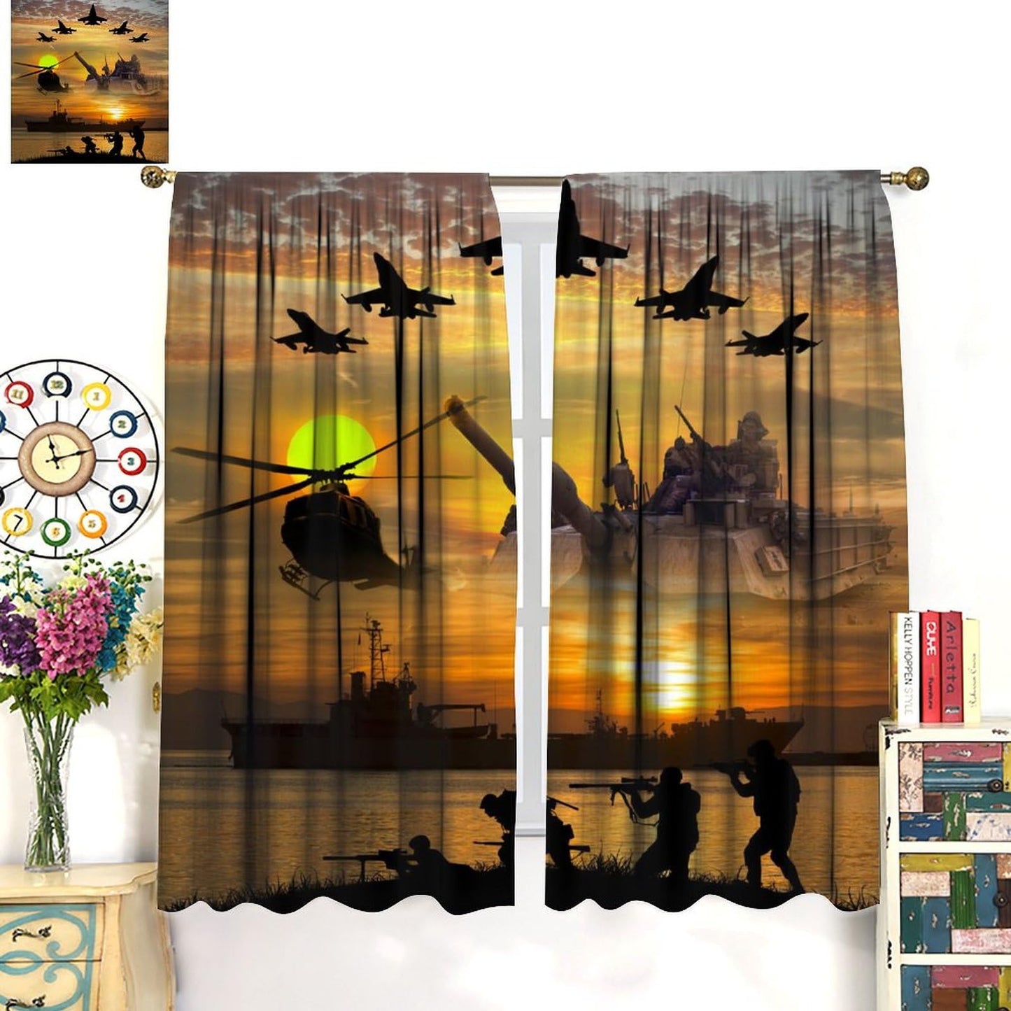 FBMLBRB Brebasf Cool American Soldier Theme Blackout Curtains for Bedroom,Rustic Teen Room Decor Fighter Aircraft Print Room Darkening Window Curtains with Rod Pocket - 2 Panels 45" L x 21" W