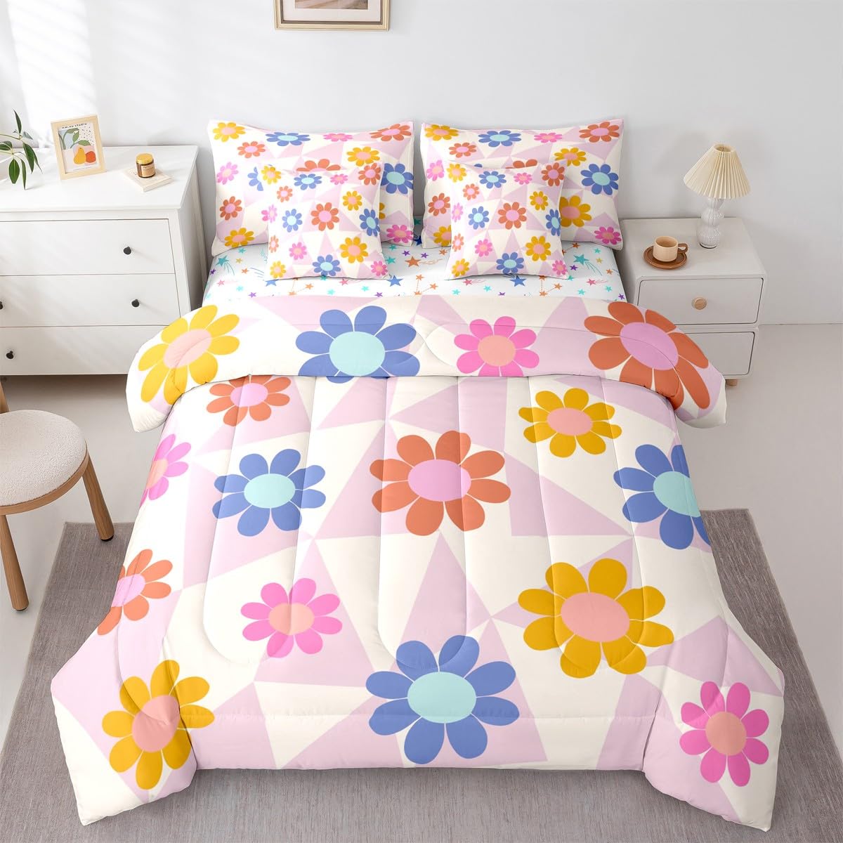 Erosebridal Daisy 7 Pcs Bedding Set for Teen Girls Cute Flower Comforter Set with Sheets Twin Size for Kids Young Women Children Cartoon Floral Bed in A Bag Abstract Aesthetic Geometric Bed Sets