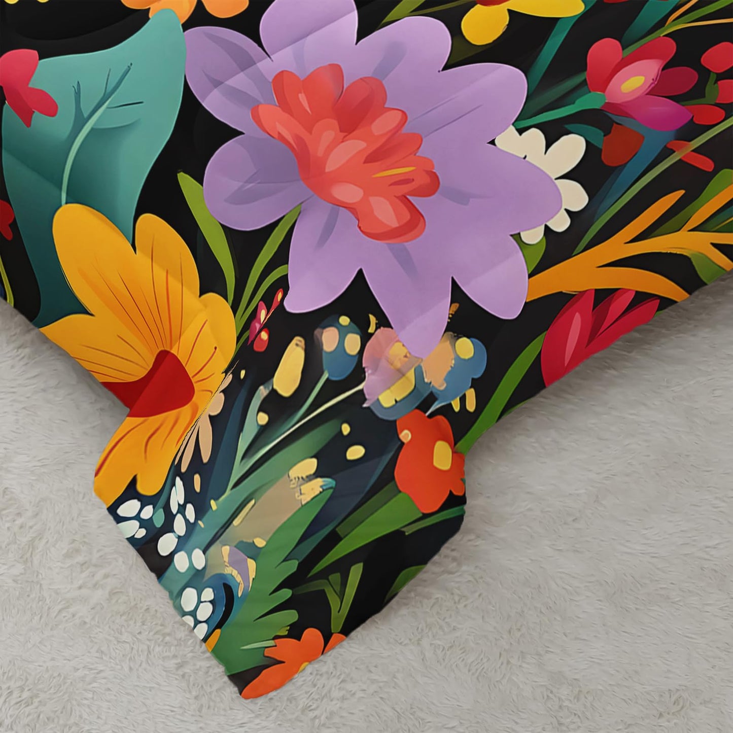QOOMO 3Pcs Cat Comforter Set Twin,Black Cat Bedding Set for Teens Boys Girls,Floral Printed Comforter with 2 Pillowcases,Down Alternative,Soft and Lightweight