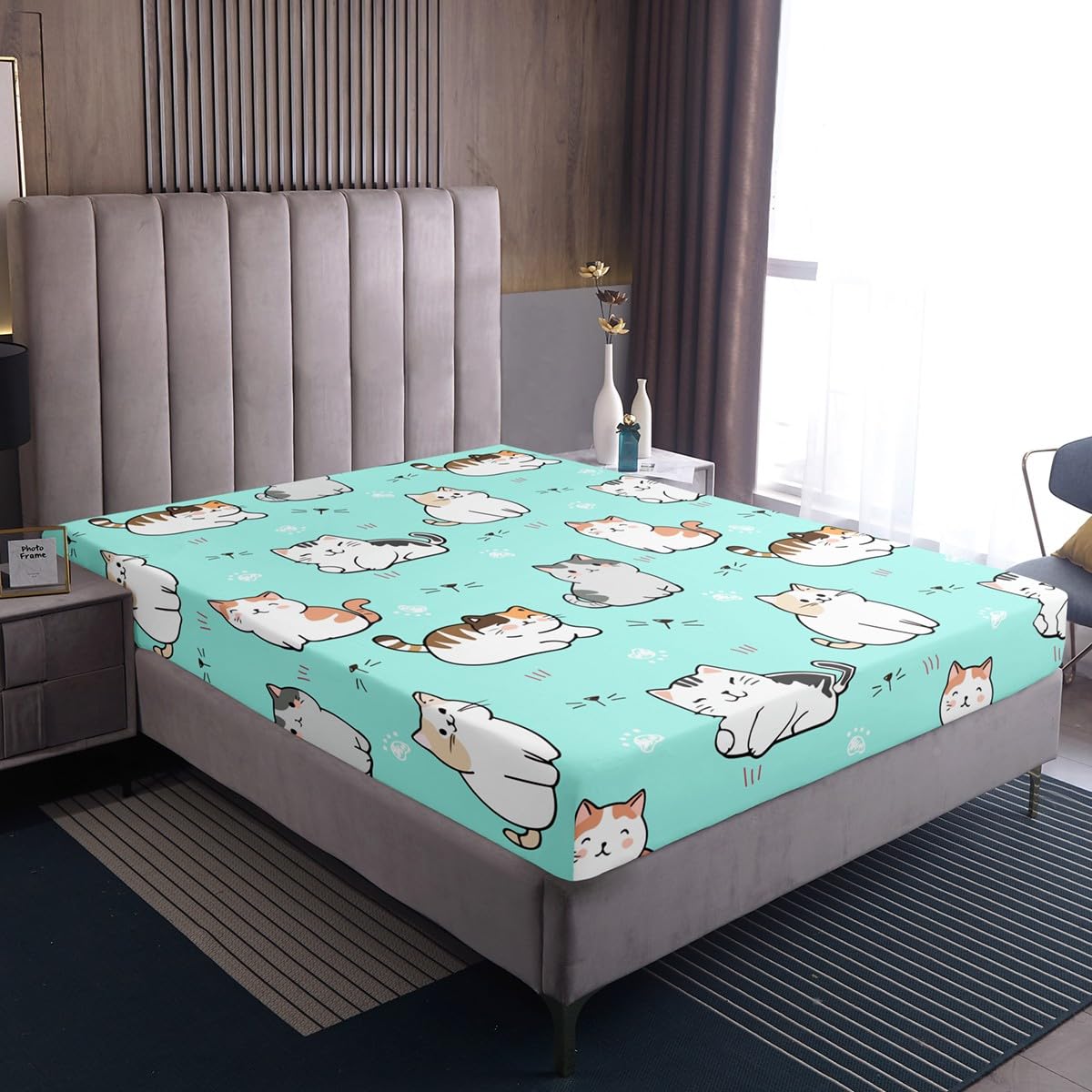 Erosebridal Cat Bedding,Cute Pet Theme Sheet Set for Kids Teens Girls Youth,White Cat Paw Print Decor Bed Sheets for Bedroom,Kawaii Animal Kitten Fitted Sheet,Queen with 2 Pillowcases