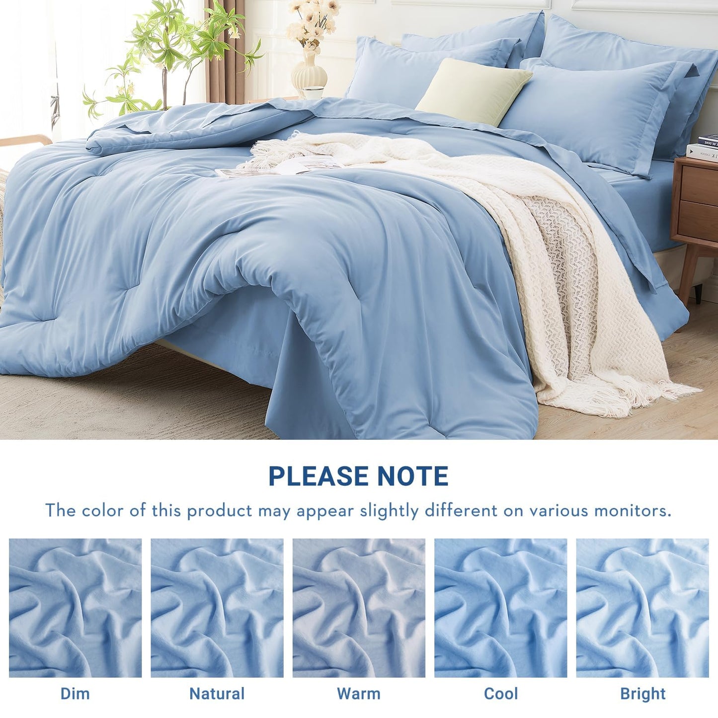 MUXHOMO 7 Pieces King Comforter Set, Soft Bed in a Bag King Size, All Season Bedding Set with Comforter, Flat Sheet, Fitted Sheet, Pillowcases & Shams, Greyish Blue
