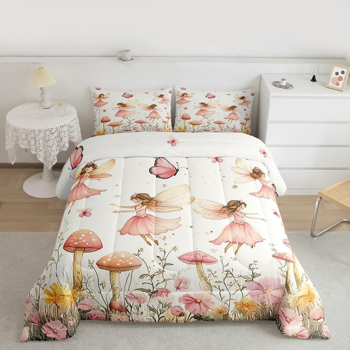 jejeloiu Fairy Kids Comforter Set Twin Size Floral Flower Fairies Bedding Set Enchanted Wonderland Duvet Quilt for Kids Boys Girls Bedroom Butterfly Decor Botanical Plants Ultra Soft Breathable