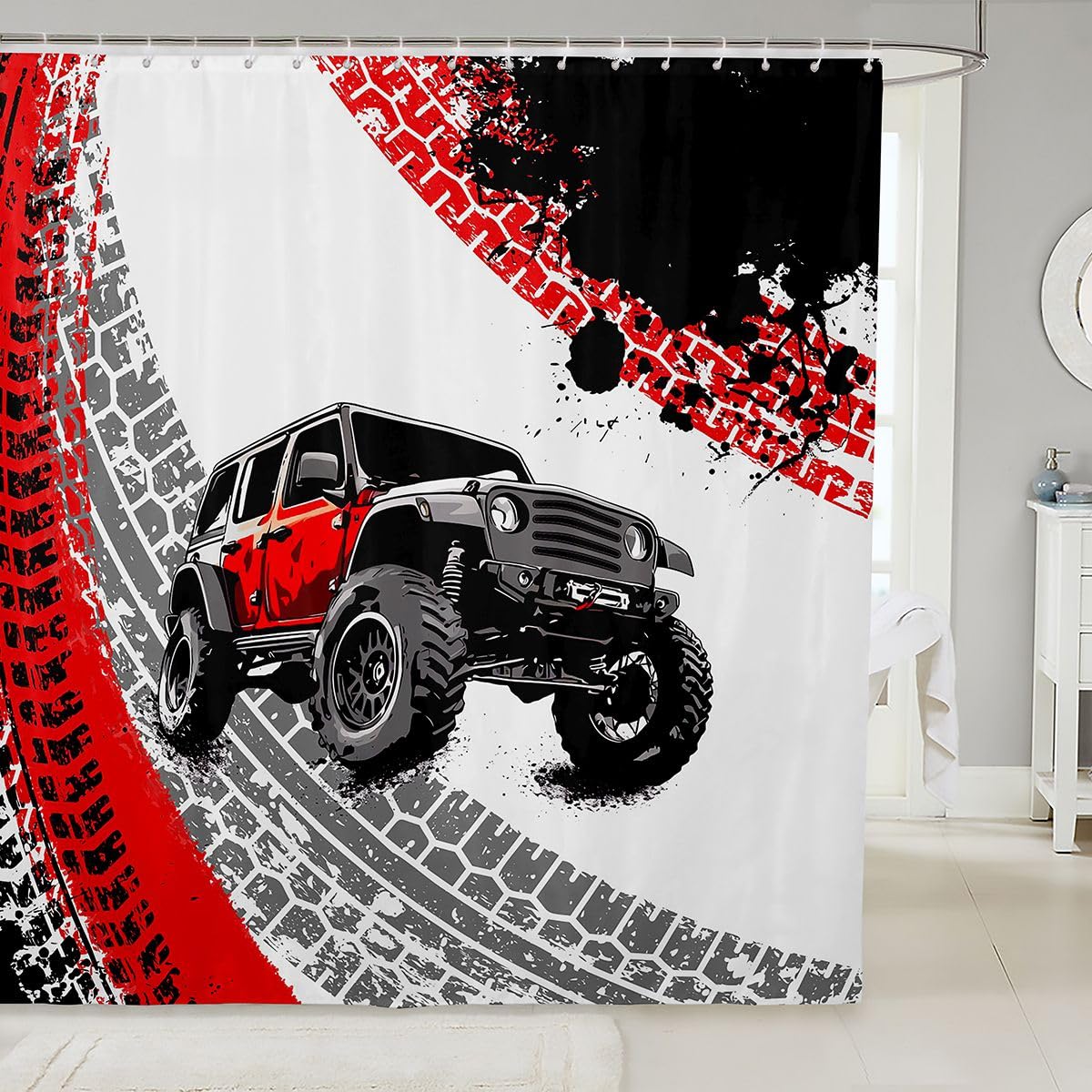 Feelyou Car Shower Curtain 72"x78" Offroad Vehicle Wheel Print Bath Curtain for Boys Girls Teens Truck Bathroom Shower Curtain Set Racing Car Kids Bathroom Accessories Red Black