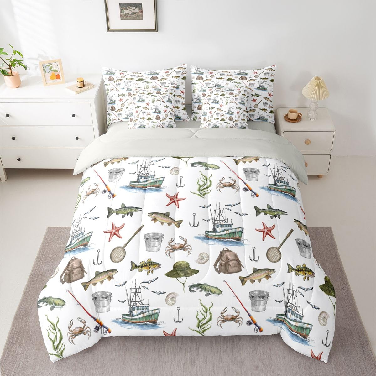Erosebridal Fishing 7-Piece Bed in a Bag Full Size for Kids Boys Teens | Hunting Pike Fish Bedding Set Kids Hunting and Fishing Comforter Set with Sheets Pike Fishes Duvet Insert
