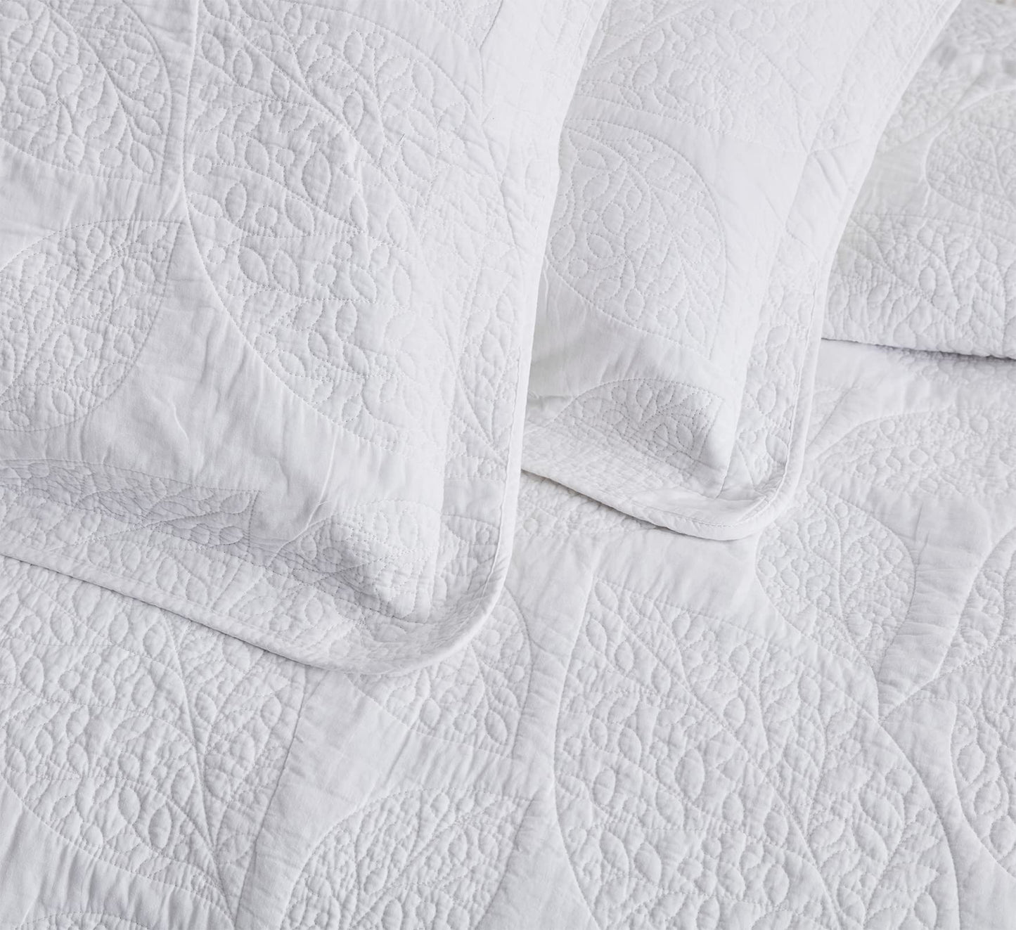 CHIXIN Botanical Cotton Quilt King Size - Real Stitching Leaf Pattern - Quilted Bedspread Coverlet Set, Ultra Soft, Lightweight, Reversible, 3 Piece, Pure White