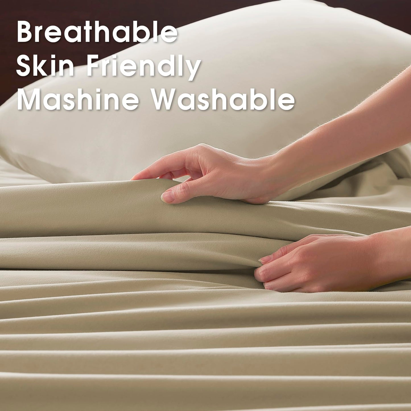 USXIBEI Queen Size 4 Piece Sheet Set - Comfy Breathable & Cooling Bed Sheets Set, Soft and Wrinkle Free, Deep Pockets, Easy & Secure Fit, Hotel Luxury Bedding - Oeko-Tex - Beige