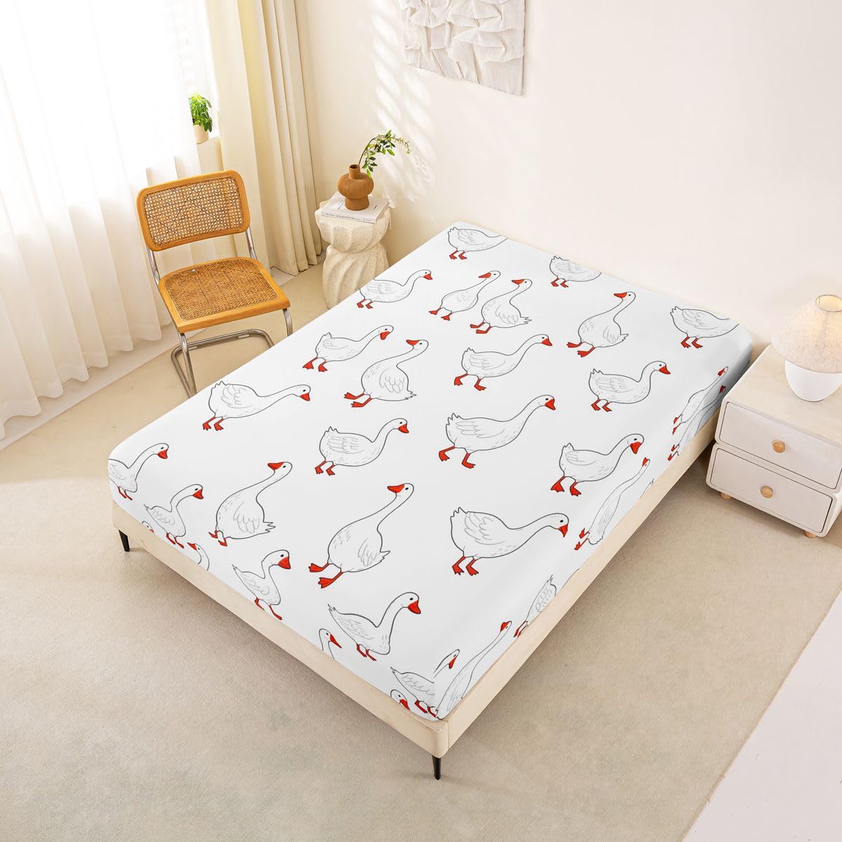 Erosebridal Cartoon Goose Bed Sheets Set Full Kawaii Animal Sheet Set Cute White Geese Sheets Cute Funny Flat Fitted Sheet