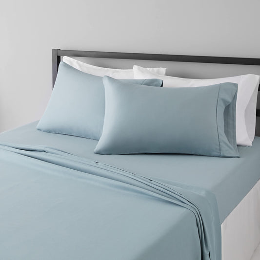 Amazon Basics Breathable Ultra-Soft Brushed Microfiber 4-Piece Bed Sheet Set with 14-Inch Deep Pockets, Wrinkle Resistant, Machine Washable, King, Spa Blue, Solid