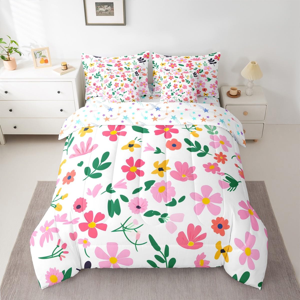Feelyou Floral Comforter Set with Sheets 7 Piece Full Size Blossom Flowers Pattern Bedding Set for Kids Boys Girls Cute Flower Bed in a Bag Natural Theme Room Decor Pink Green Yellow Soft Microfiber