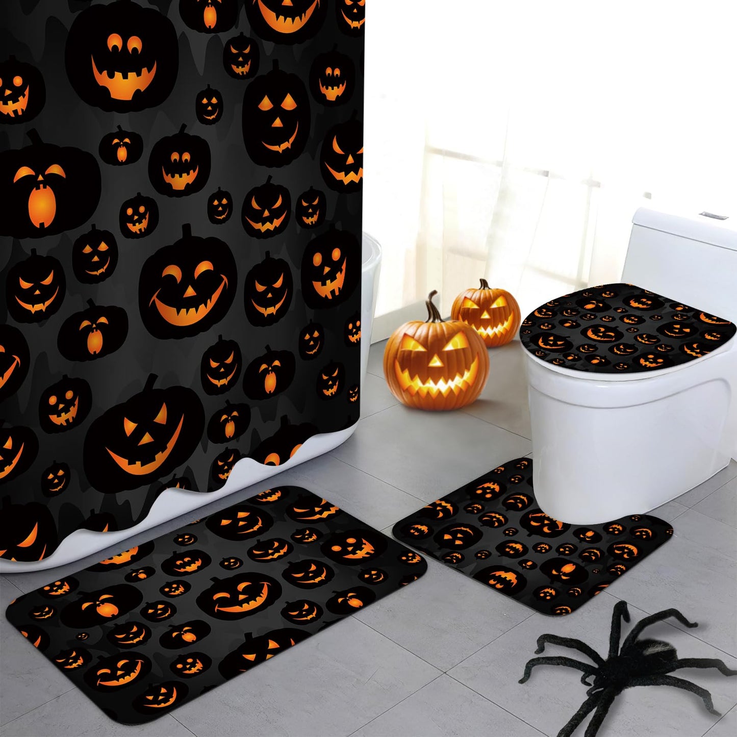 MEHOFOND 4pcs Halloween Pumpkin Shower Curtain Set Evil Pumpkins Shower Curtain Sets Halloween Black Scary Shower Curtain Set for Bathroom Decor with Non-Slip Rugs Toilet Lid Cover and Bath Mat
