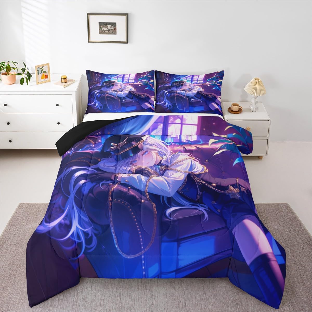Erosebridal Anime Girl Comforter Set Twin Size Japanese Anime Bedding Set for Kids Boys Teens Women Bedroom Decor, Cartoon Girl Down Comforter Japanese Animation Kawaii Quilt, Purple