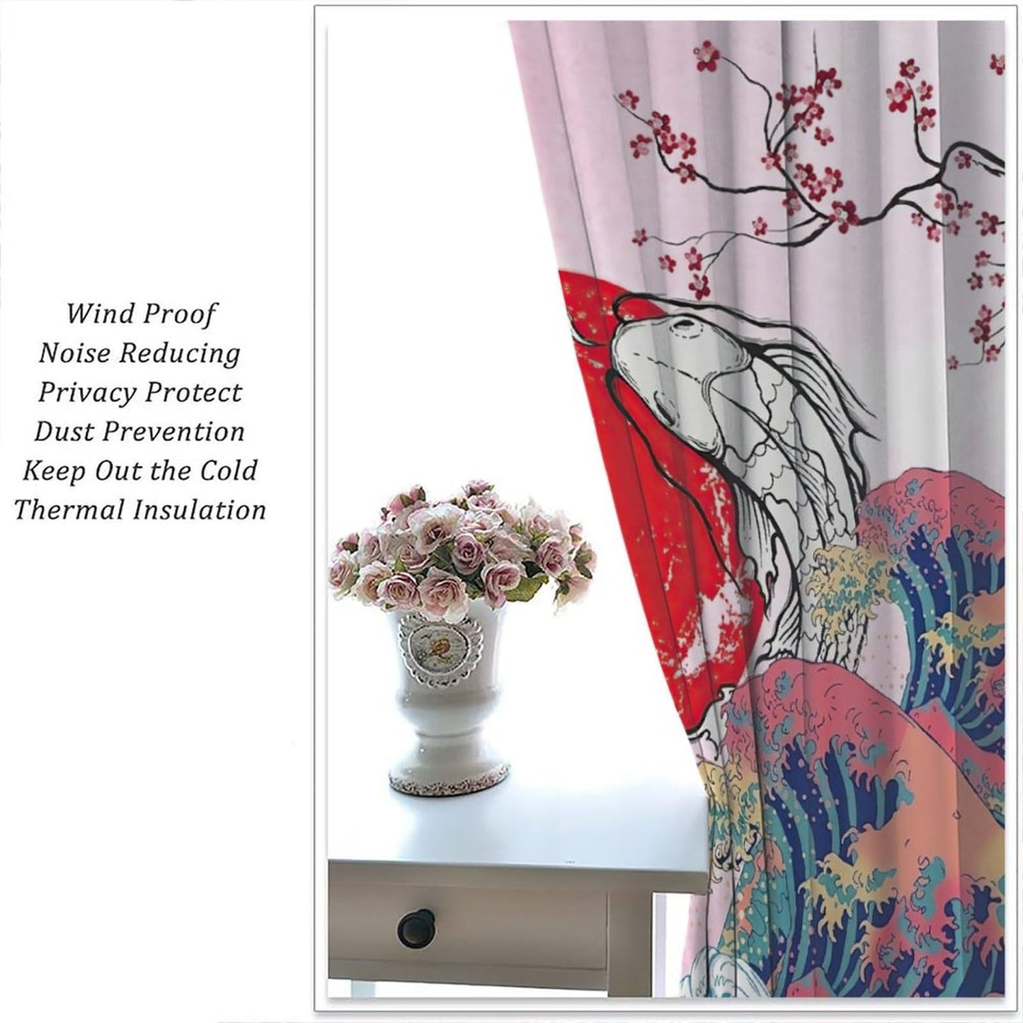 AuiMzoo Japanese-Style Blackout Curtains for The Bedroom; Living Room Window Treatments Featuring A Koi Fish and Wave Pattern42X45 Inch