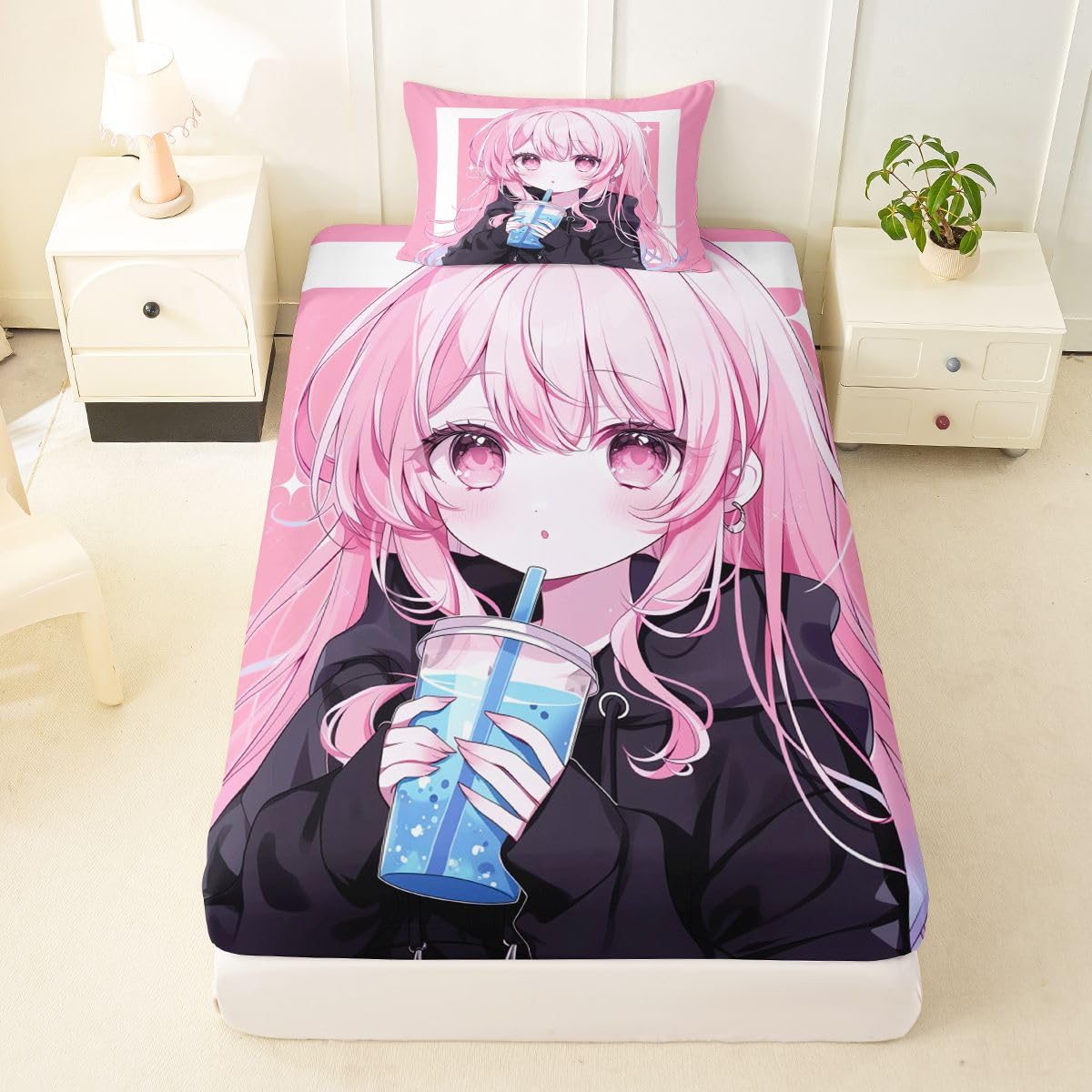 Erosebridal 3D Japanese Sheets Twin Anime Girl Drinking Milk Tea Bed Sheets Set Cute Kawaii Girly Sheet Set for Boys Girls Modern Fashion Aesthetic Bed Sets 3Pcs