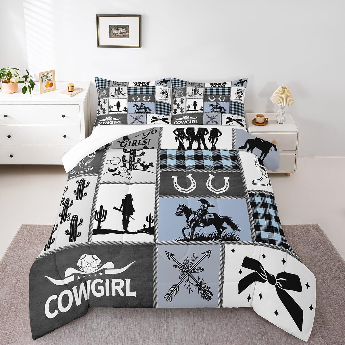 Western Cowgirl Girly Comforter Set Queen Size,Cactus Horseshoe Cow Skull Bow Bedding Set,Girls Women Room Decor,Cowgirl Boot Geometric Plaids Down Comforter,Blue Rustic Duvet Insert,2 Pillowcases