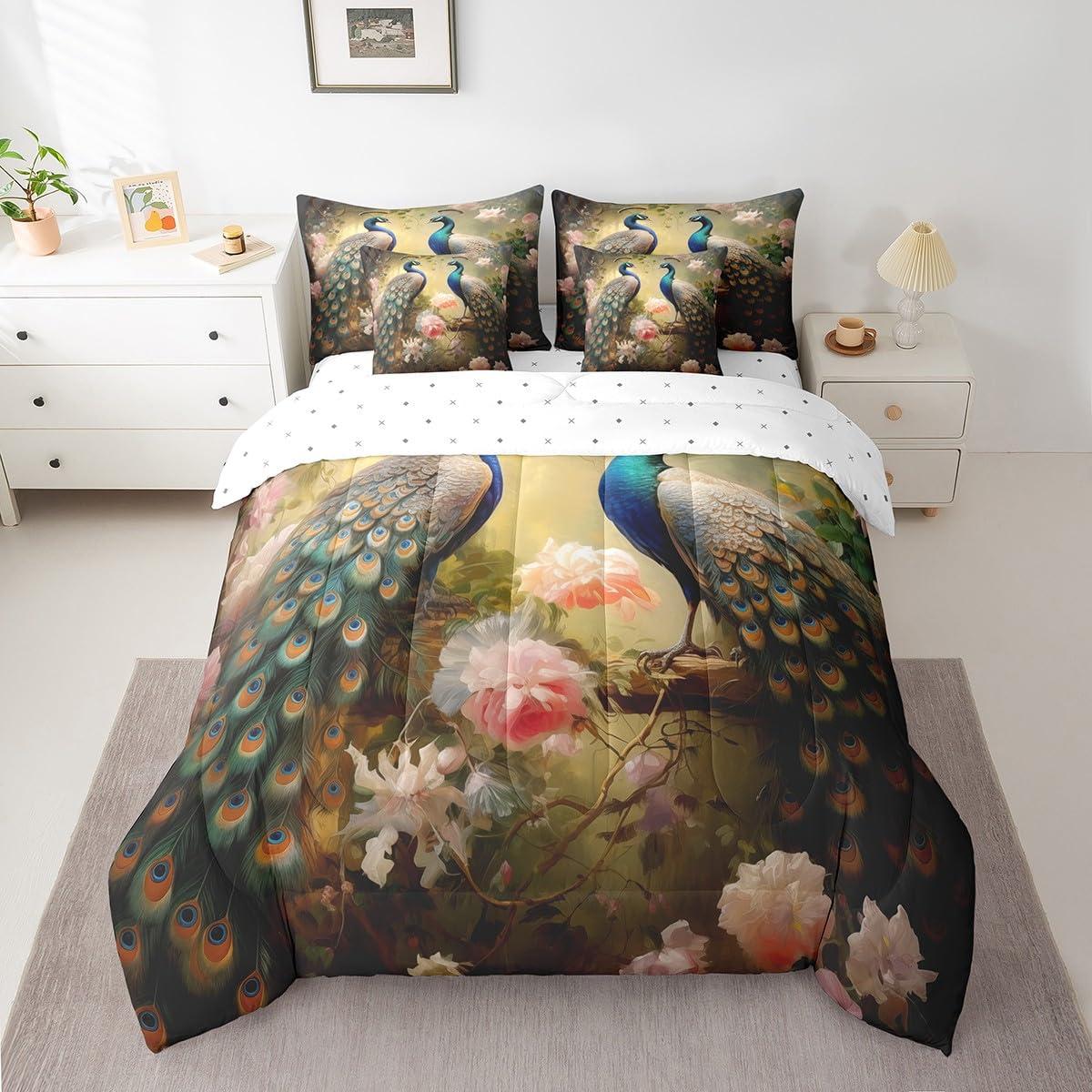 Erosebridal Chic Peacock Full Bedding Sets 7-Piece 3D Jungle Peacock Printed Comforter Set Wild Animal Comforter Set with Sheets Chic Pink Floral Bed in A Bag Dark Gold Bed Sheets Set,for All Season