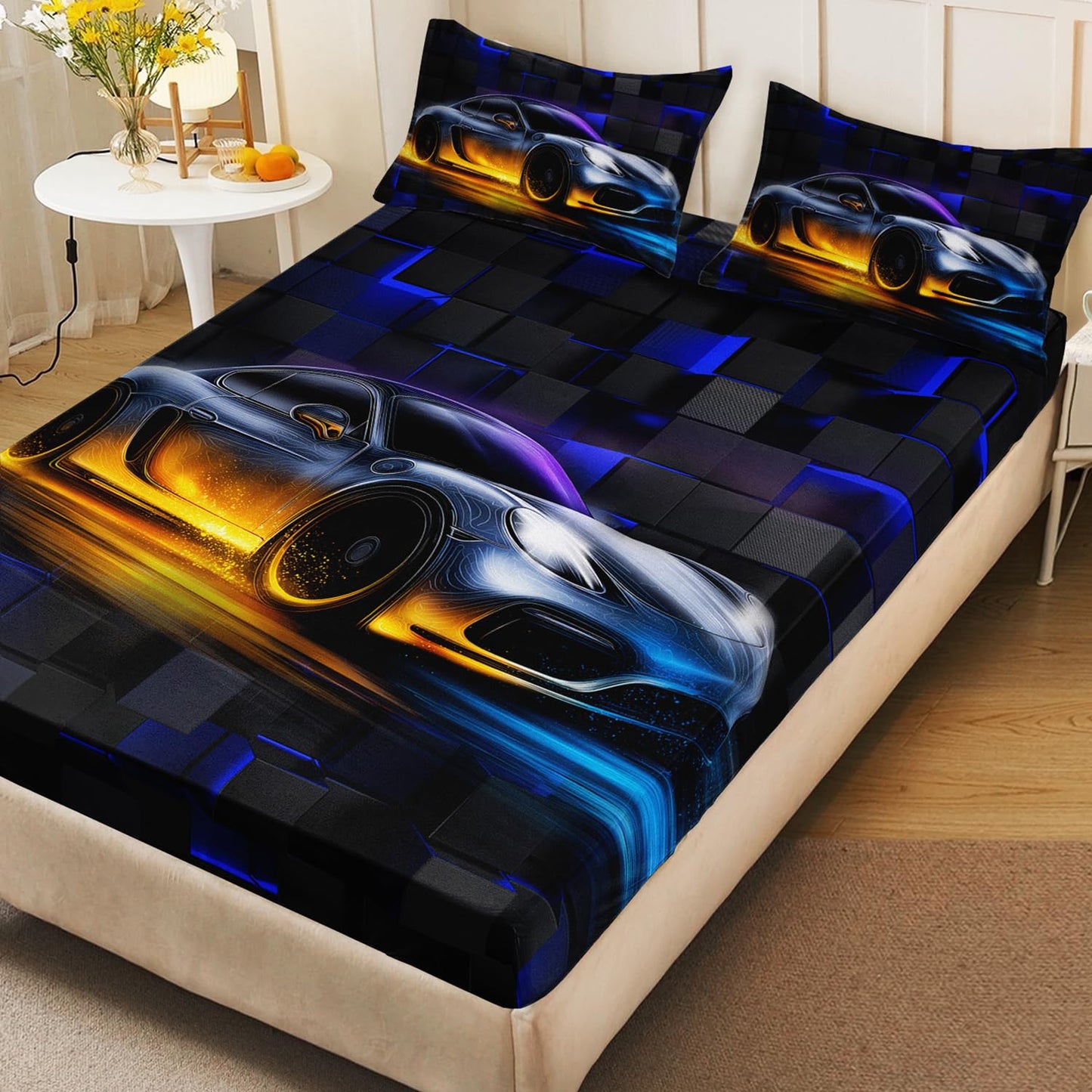 HOSIMA Boys Race Car Fitted Sheet Twin,Black Blue Geometric Background Pattern Lightweight Cool Extreme Sports Bedding for Kids Men Car Room Decor,1 Fitted Sheet+2 Pillowcases.