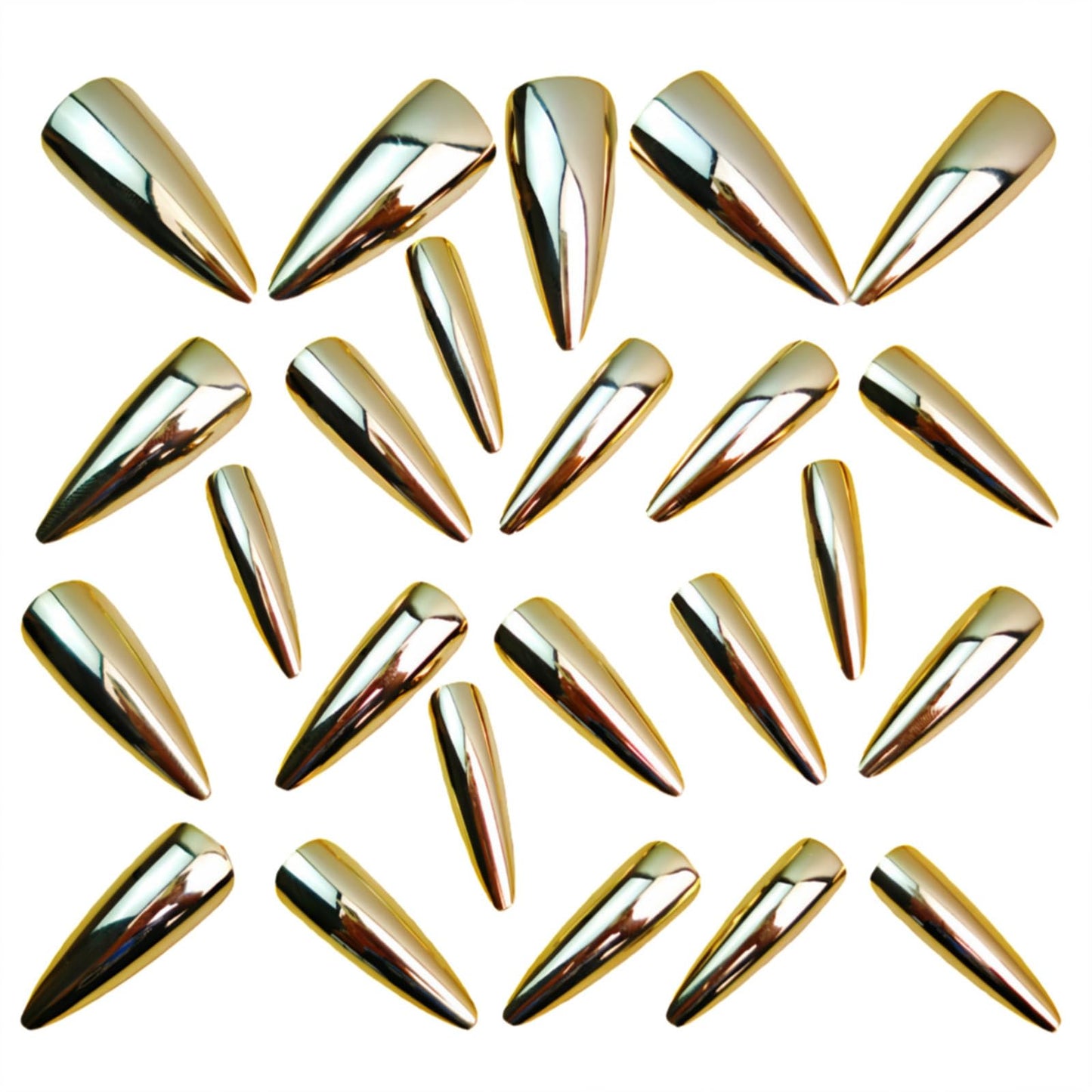 SINHOT Stiletto Press on Nails Long - Long Fake Nails, Glossy Finish, Gold Metallic & Chrome, DIY Artificial False Nail Art - 24 Pcs Nail Kit with Glue