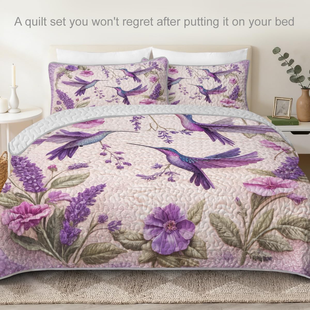 ARIGHTEX Flower Bird Quilt Set Queen Size Lavender Hummingbird Floral Bedding Set Lightweight Botanical Quilt Soft Microfiber Bedspread Coverlet Spring Bedding Set with Matching Pillow Shams