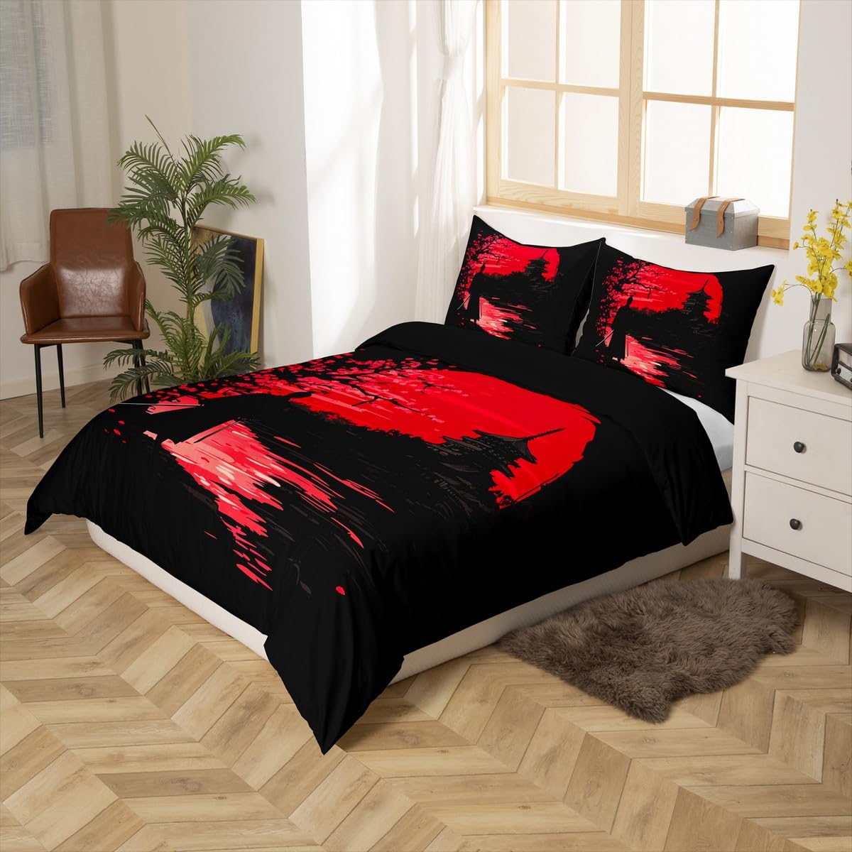 Erosebridal Samurai Bedding Set, Sunset Duvet Cover, Japanese Samurai Quilt Cover, Scenery Silhouette Comforter Cover, Room Decoration for Men (1 Duvet Cover with 2 Pillow Cases),Full Size