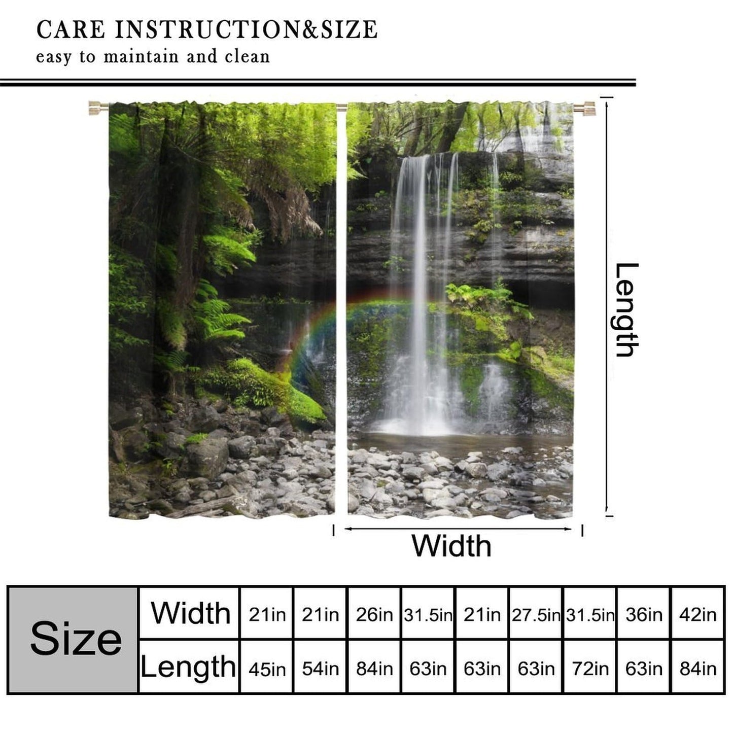 Natural Landscape Waterfall Blackout Curtains, Forest Falls Spring Natural Scenery Green Plant Tree Leaf Rod Pocket Window Drapes, for Bedroom Living Room 42" W X 45" L