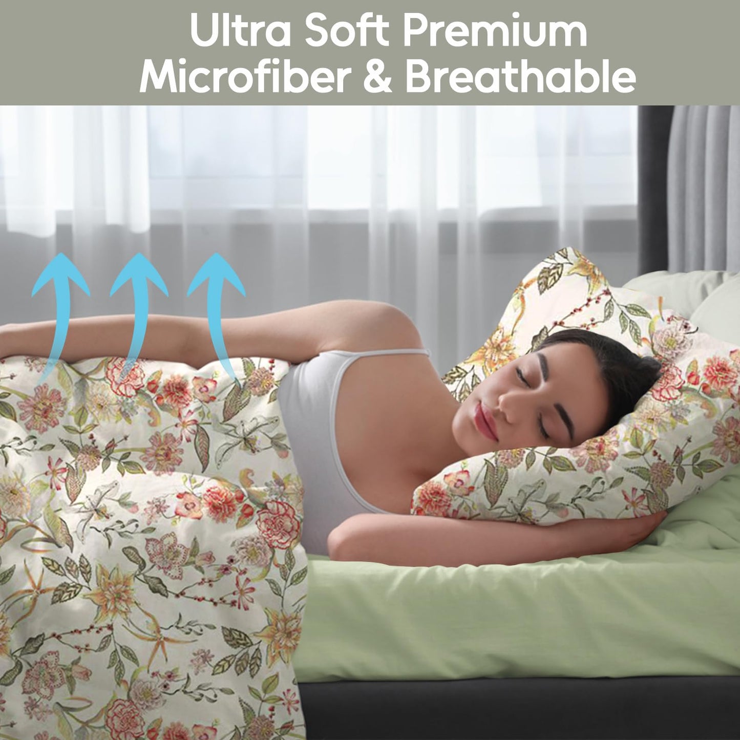 LONAVA Floral King Size 6 Pcs Sheet Set, Breathable Microfiber Deep Pocket Glass Green Fitted Sheets, Comfy & Breathable Patterned Flat Sheets,4 Gentle Soft Pillowcases, Fall Floral