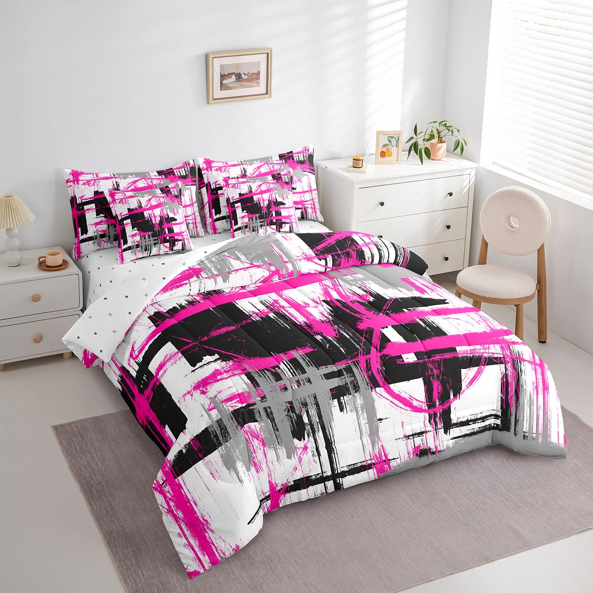 Feelyou Rose Pink Grey Black Comforter Set Queen Size Kids Abstract Art Comforter for Boys Modern Striped Art 7 Pieces Bedding Set Geometric Duvet Set Room Decor Quilt Set